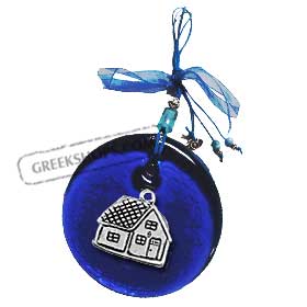 Blue Glass Good Luck Charm Round Ornament w/ Village House Decoration (12cm)