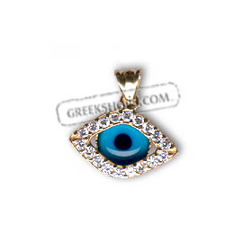 14k Gold Evil Eye Pendant - Eye-Shaped with Cubic Zirconia (17mm)