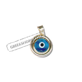 14k Gold Evil Eye Circular Pendant - (10mm) Clear Blue
