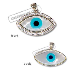 14k Gold Evil Eye Pendant - Eye-Shaped Mother of Pearl with Cubic Zirconia (30mm)