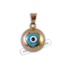 14k Gold Evil Eye Circle Pendant - 2 sided Heart Design (10mm) 