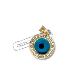 14k Gold Evil Eye Pendant - Circle with Greek Key (12mm)