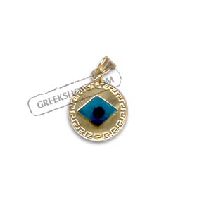 14k Gold Evil Eye Pendant - Diamond Eye Greek Key (12mm)