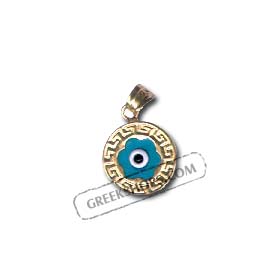 14k Gold Evil Eye Circle Pendant - Flower Eye with Greek Key (12mm)