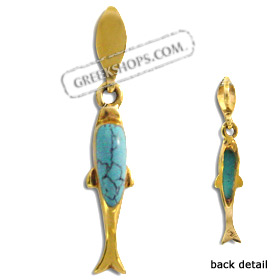 14k Gold Pendant - Dolphin w/ Turquoise Stone (17mm)