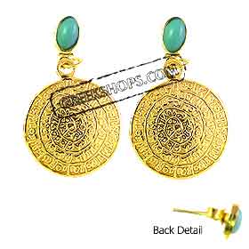 24k Gold Plated Sterling Silver Phaistos Disc Earrings w/ Turquoise Stone (17mm)