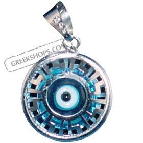 14K White Gold Eye with Greek Key Pendant 