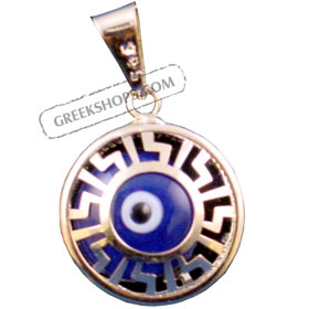 Blue Evil Eye with Greek Key Pendant in 18K Gold