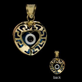 14k Gold Pendant - Evil Eye w/ Greek Key Heart-Shaped (11mm)