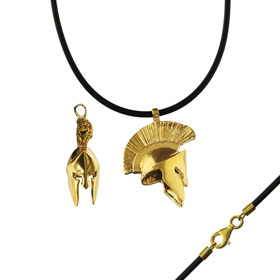 24k Gold Plated Sterling Silver Necklace w/ Rubber Cord - Trojan Helmet (31mm)