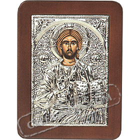 G0202 Orthodox Saint Silver Icon - Christos ( Jesus Christ ) Pantocrator 13x19cm