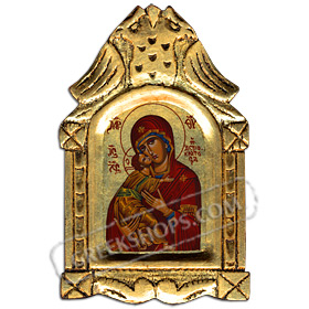 XSK1 Panayia Theotokos (Virgin Mary Mother of God ) Wooden Icon with Decorative Carvings 16x25cm