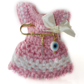 Gold Plated Baby Girl Safety Pin w/ Cross Evil Eye Charms