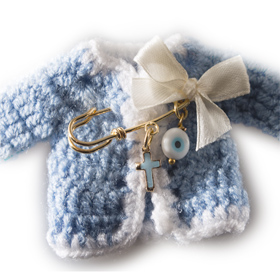 Gold Plated Baby Boy Safety Pin w/ Cross Evil Eye Charms