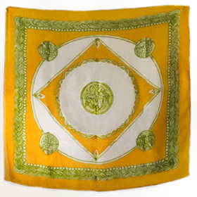 Authentic Greek Silk Shawl / Scarf w/ Byzantine Shield Motif - Gold and Green Tones