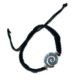 Black Komboskini Macrame Adjustable Bracelet with Sterling Silver and Opal Swirl "Spira" Motif (14mm