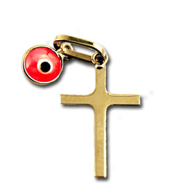 14k Gold Cross with Pink Evil Eye