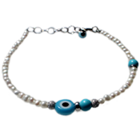 The Nefeli Collection -  Pearl Bracelet with Turquoise Round Evil Eye (3mm beads) 