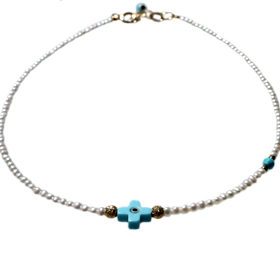 Nefeli Collection - Children's Necklace with Mother of Pearl with Blue cross and Evil Eye  (2mm bead