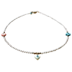 The Nefeli Collection - Childrens Triple Mother of Pearl Charm Necklace and Evil Eye  (2mm)