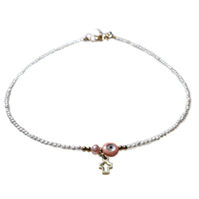 The Nefeli Collection - Children's Mother of Pearl Necklace with Pink Charm, 24K Gold Plated Cross a