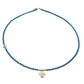 The Nefeli Collection - Blue Coral Necklace with Mother of Pearl Cross and Evil Eye (2mm beads)