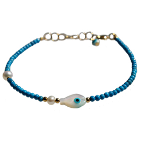 The Nefeli Collection -   Blue Coral Bracelet With Tear Drop  and Evil Eye (2mm Beads)