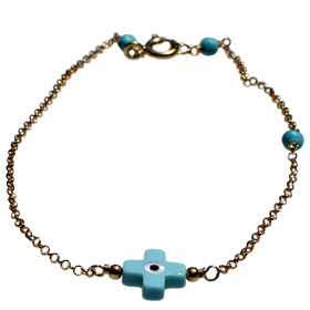 The Nefeli Collection - Gold Plated 24K Bracelet with Mother of Pearl  Blue Cross and Evil Eye