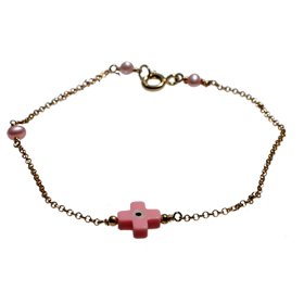 The Nefeli Collection - Gold Plated 24K Bracelet with Mother of Pearl Light PInk Cross and Evil Eye