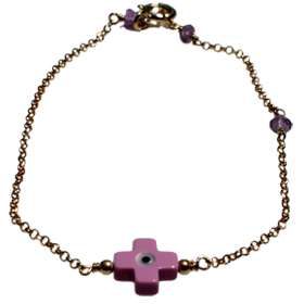 The Nefeli Collection - Gold Plated 24K Bracelet with Mother of Pearl Dark Pink Cross and Evil Eye