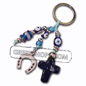 Good Luck Charm Key Chain with Blue Glass Cross
