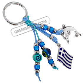 Keychain with Mati Evil Eye Beads, Greek Flag, and Minoan Dolphin 121401