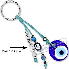 Greek Custom Name Good Luck Keychain - Large Mati Evil Eye 123336