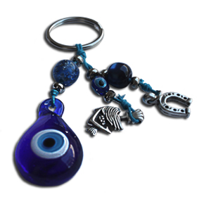 Good Luck Charm Keychain with teardrop blue glass evil eye, horse shoe and anchor charms 
