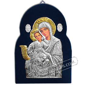 Silver Icon on Blue Velvet Frame - Panayia ( Virgin Mary ) 17x24cm