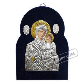 Silver Icon on Blue Velvet Frame - Panayia ( Virgin Mary ) 19x14cm
