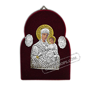 Silver Icon on Red Velvet Frame - Panayia ( Virgin Mary ) 14x10cm
