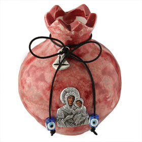 Ceramic Pomegranate w/ Virgin Mary and Evil Eye Charm (Small)