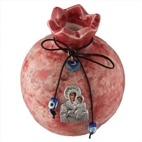Ceramic Pomegranate w/ Virgin Mary and Evil Eye Charm (Large)