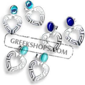 Sterling Silver Earrings - Heart with Greek Key Motif and Stone (23mm)