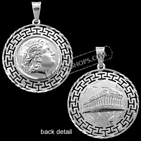 Platinum Plated Sterling Silver Pendant - Alexander and Parthenon with Greek Key (34mm)