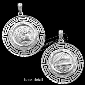 Platinum Plated Sterling Silver Pendant - Alexander and Parthenon with Greek Key (26mm)