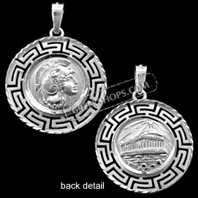 Platinum Plated Sterling Silver Pendant - Athena and Parthenon with Greek Key (22mm)
