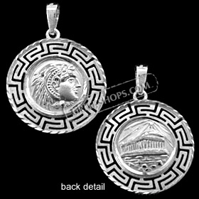 Platinum Plated Sterling Silver Pendant - Alexander and Parthenon with Greek Key (22mm)