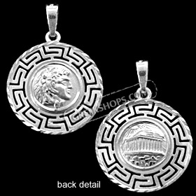 Platinum Plated Sterling Silver Pendant - Alexander and Parthenon with Greek Key (17mm)