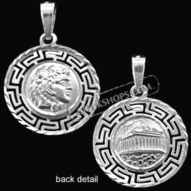Platinum Plated Sterling Silver Pendant - Alexander and Parthenon with Greek Key (20mm)