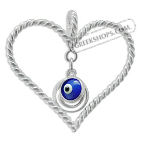 Sterling Silver Pendant - Heart with Mati Evil Eye and Swirl Motif Charms (36mm)