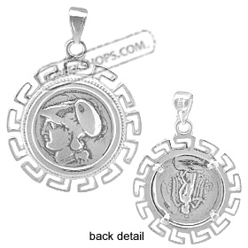 Sterling Silver Pendant - Athena & Nike Ancient Silver Coin w/ Greek Key Motif Border (32mm)