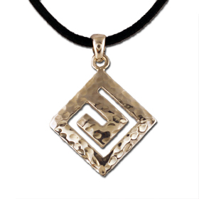 Sterling Silver Hammered Greek Key Pendant 20mm w/ leather cord