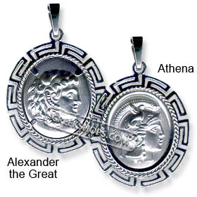 Sterling Silver Pendant Two-Sided Oval Alexander (or Athena) with Parthenon 3cm